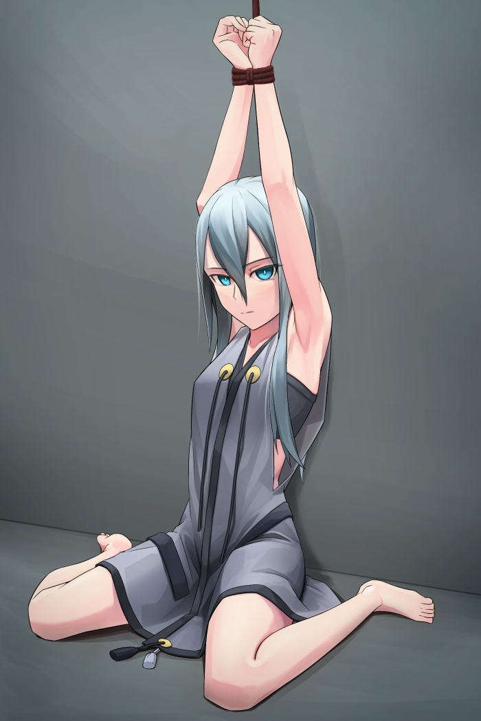 1girl armpits arms_up barefoot blue_eyes bound bound_wrists expressionless hair_between_eyes kis_sako looking_at_viewer original restrained rope silver_hair sitting tied_up wall wariza