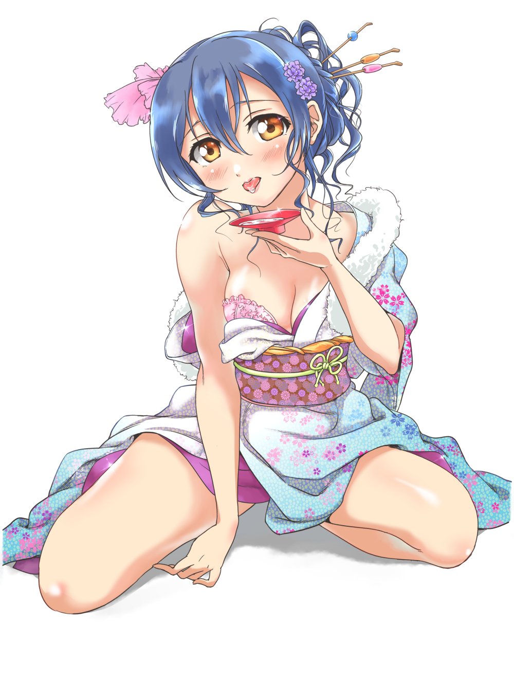 1girl alcohol bangs bare_shoulders blue_hair blush bra breasts cleavage commentary_request cup floral_print flower hair_between_eyes hair_bun hair_flower hair_ornament highres japanese_clothes kimono long_hair looking_at_viewer love_live! love_live!_school_idol_project off_shoulder open_mouth pink_bra sakazuki sake simple_background sitting solo sonoda_umi spread_legs tetopetesone tongue tongue_out underwear white_background yellow_eyes