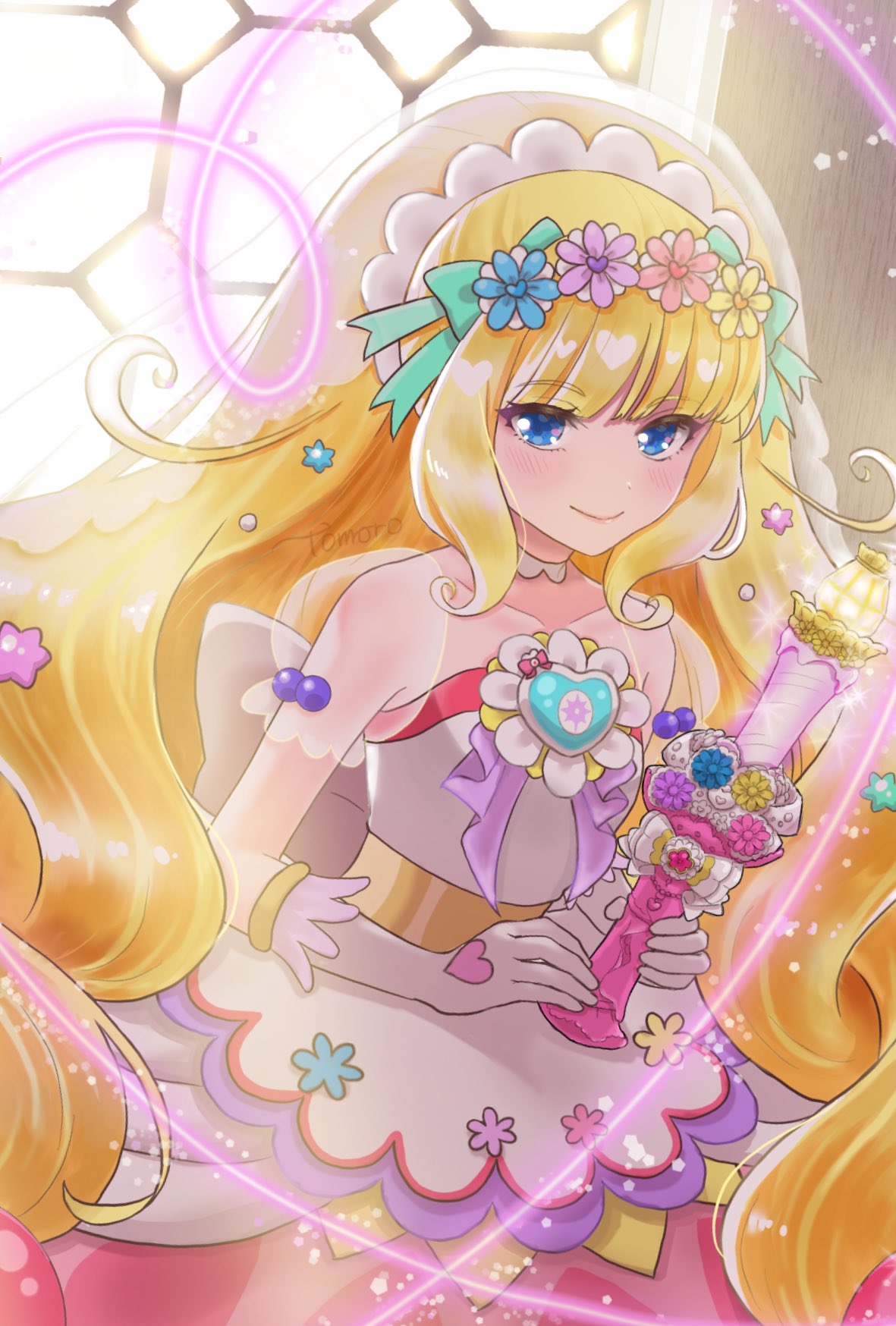 1girl blonde_hair blue_eyes bridal_veil commentary_request cure_finale cure_finale_(party_up_style) delicious_party_precure dress elbow_gloves gloves head_wreath high_ponytail highres kasai_amane long_hair magical_girl moro_precure precure sidelocks smile solo strapless strapless_dress veil white_gloves wide_ponytail