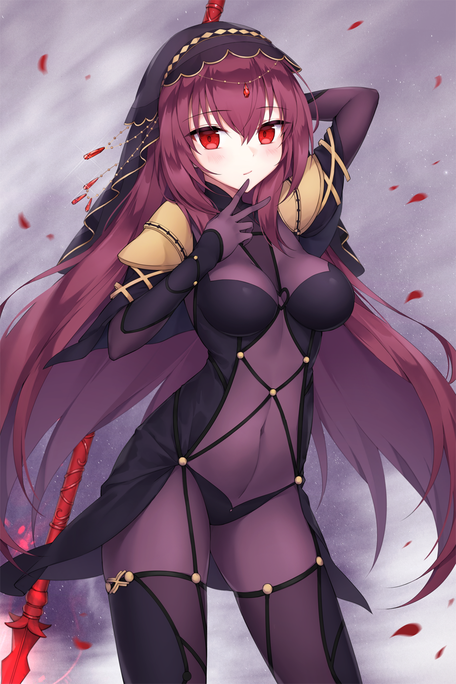 :/ blush bodysuit breasts closed_mouth covered_navel eyebrows_visible_through_hair fate/grand_order fate_(series) gae_bolg highres holding holding_weapon large_breasts leotard long_hair looking_at_viewer outdoors pauldrons petals polearm pong_(vndn124) purple_bodysuit purple_hair purple_leotard red_eyes rose_petals scathach_(fate)_(all) scathach_(fate/grand_order) shoulder_armor sky spear star_(sky) starry_sky veil weapon wind