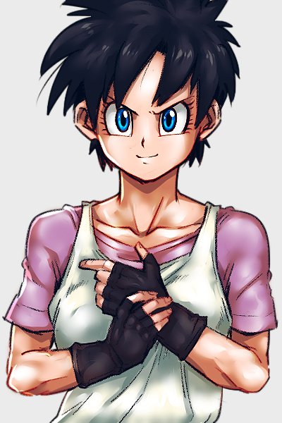 1girl black_gloves black_hair blue_eyes dragon_ball dragonball_z eyelashes fingernails frown gloves grey_background grin hands_together looking_at_viewer purple_shirt shaded_face shirt short_hair simple_background smile solo st62svnexilf2p9 upper_body videl white_shirt