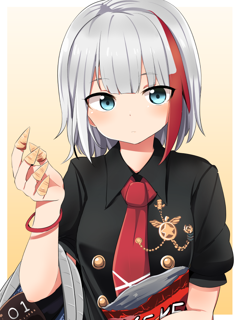 1girl admiral_graf_spee_(azur_lane) azur_lane bangs black_shirt blue_eyes blush bugles bugles_on_fingers collared_shirt commentary_request eyebrows_visible_through_hair food food_on_finger hair_between_eyes looking_at_viewer medium_hair multicolored_hair necktie red_neckwear shirt short_hair short_sleeves solo streaked_hair tonari_(ichinichime_azuma) white_hair