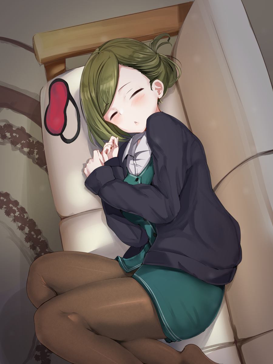 1girl aqua_vest bangs black_jacket breasts brown_legwear carpet closed_eyes collared_shirt couch eyebrows_visible_through_hair facing_viewer feet_out_of_frame from_above highres idolmaster idolmaster_shiny_colors indoors jacket long_sleeves lying nanakusa_hazuki on_couch on_side open_clothes open_jacket pantyhose parted_lips schreibe_shura shirt short_hair short_ponytail sleep_mask solo swept_bangs white_shirt