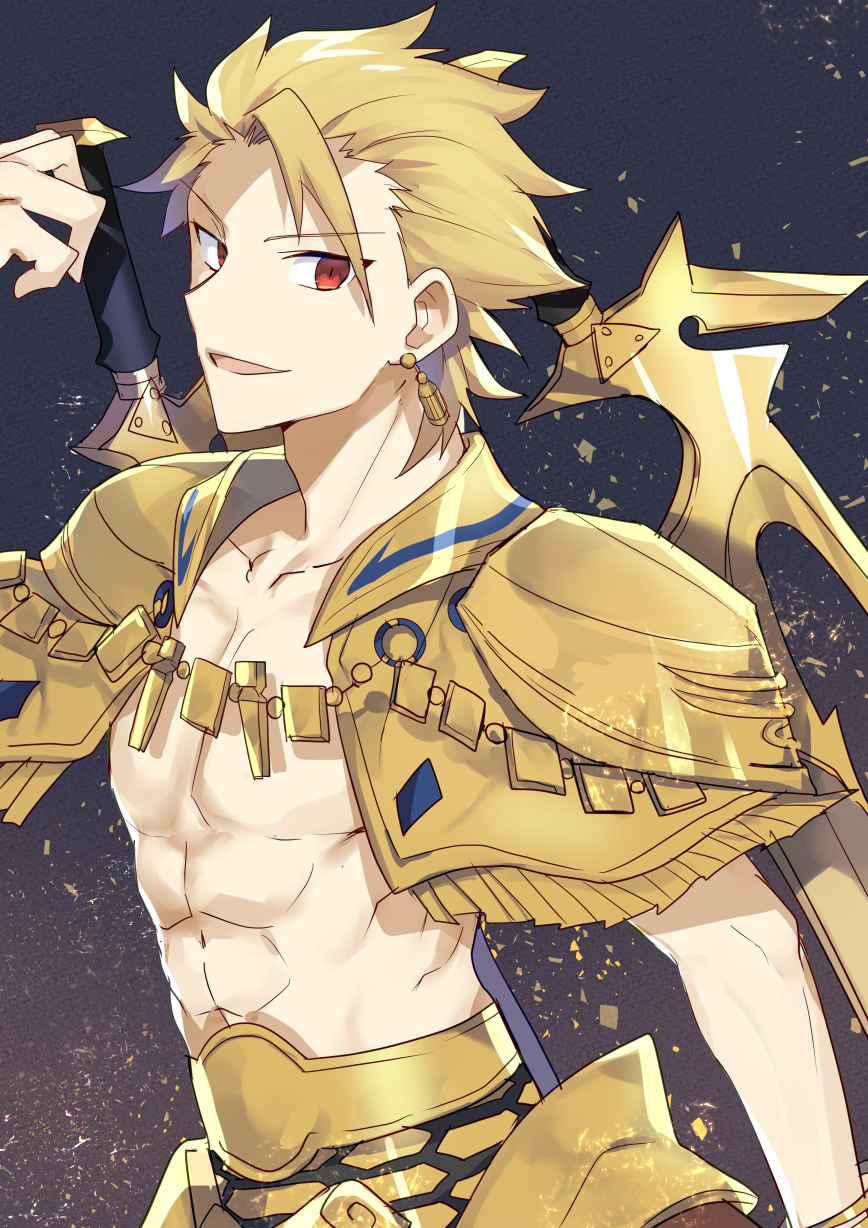 1boy abs archer_(fate/prototype) armor bare_chest blonde_hair collarbone earrings eyebrows_visible_through_hair fate/prototype fate_(series) fringe_trim gold_armor highres jewelry looking_at_viewer male_focus necklace nikame open_clothes open_mouth red_eyes smile solo spiky_hair sword weapon