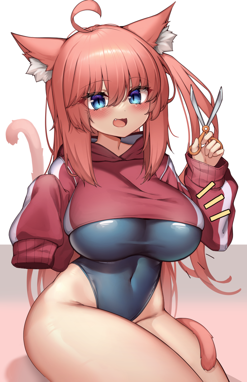 1girl ahoge animal_ear_fluff animal_ears bangs blue_eyes blue_swimsuit blush breasts cat_ears cat_girl cat_tail competition_swimsuit covered_navel eyebrows_visible_through_hair highleg highleg_swimsuit highres hood hoodie kaptivate large_breasts long_hair long_sleeves looking_at_viewer one-piece_swimsuit open_mouth original redhead scissors sitting sleeves_past_fingers sleeves_past_wrists smile solo sweater swimsuit tail thighs