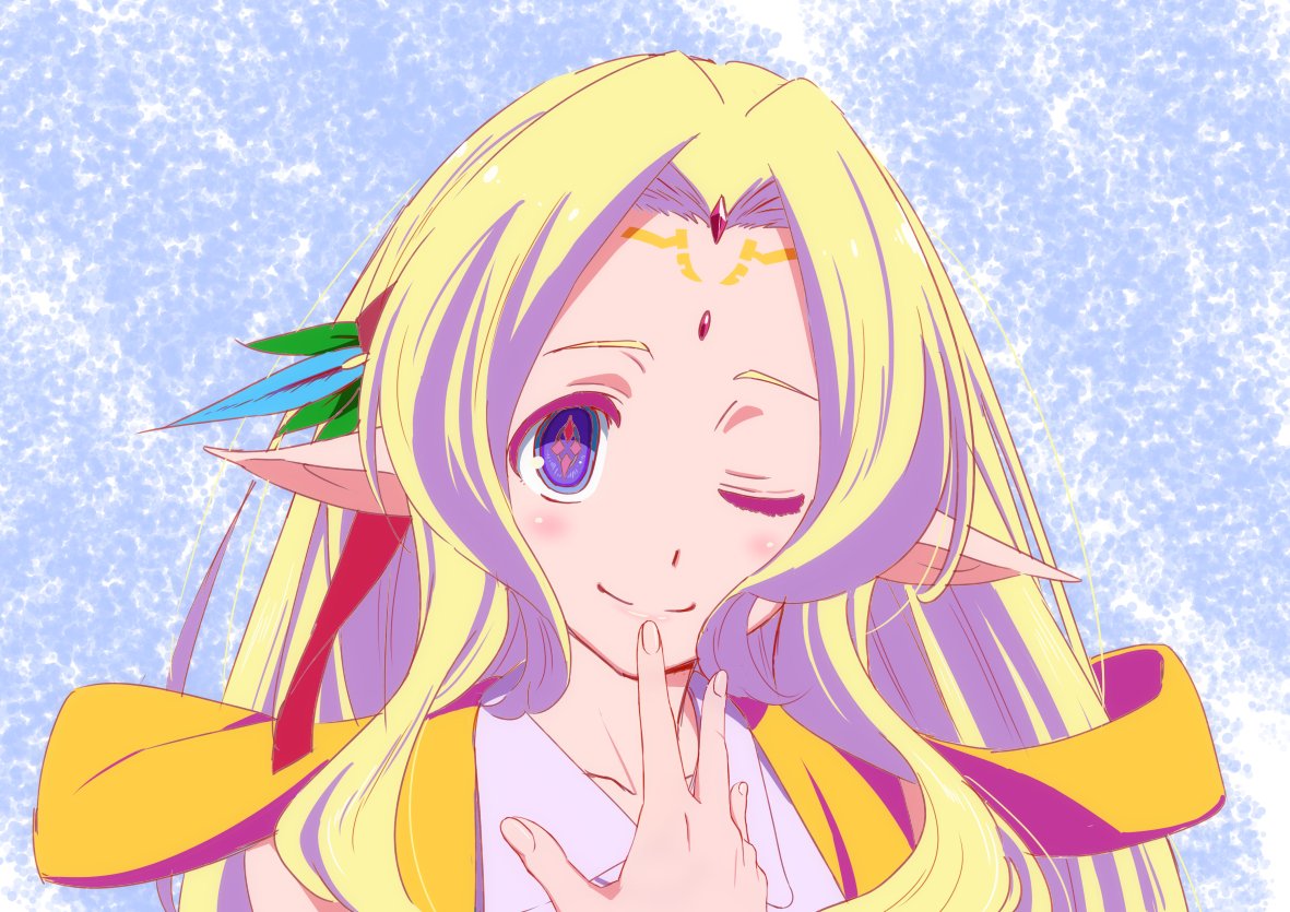 1girl blonde_hair blue_eyes blush closed_mouth commentary_request elf feel_nilvalen forehead_jewel hair_ornament long_hair looking_at_viewer multicolored multicolored_eyes no_game_no_life one_eye_closed ooya_kouji pointy_ears smile solo symbol-shaped_pupils violet_eyes
