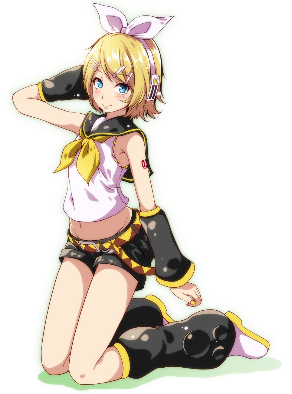 1girl arm_at_side arm_up armpits bangs bare_shoulders belt belt_buckle black_shorts black_sleeves blonde_hair blue_eyes blush buckle closed_mouth commentary detached_sleeves eyebrows_visible_through_hair full_body groin hair_ornament hair_ribbon hairband hairclip headphones highres kagamine_rin kneeling leg_warmers looking_at_viewer nail_polish navel neckerchief number_tattoo ribbon school_uniform serafuku shirt shoes short_hair short_shorts shorts simple_background smile solo swept_bangs tattoo tsukishiro_saika vocaloid white_background white_footwear white_hairband white_ribbon white_shirt yellow_nails yellow_neckwear