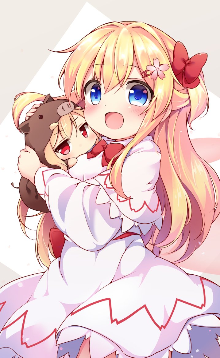 2girls animal_costume baku-p blonde_hair blue_eyes boar_costume bow chibi commentary_request dress flower hair_bow hair_flower hair_ornament hairclip hug lily_black lily_white long_hair multiple_girls open_mouth red_eyes ribbon smile touhou white_dress