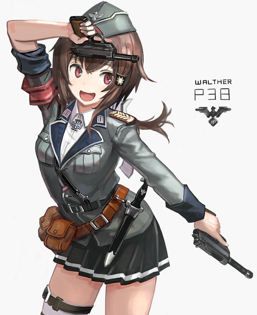 1girl bangs belt belt_pouch blush breast_pocket breasts brown_hair character_name dual_wielding eyebrows_visible_through_hair girls_frontline grey_background gun hair_ornament handgun hat holding holding_gun holding_weapon iron_cross kesomaru knife long_hair long_sleeves military military_hat military_uniform open_mouth p38 p38_(girls_frontline) pleated_skirt pocket pouch red_eyes simple_background skirt sleeves_rolled_up solo thigh_strap uniform weapon