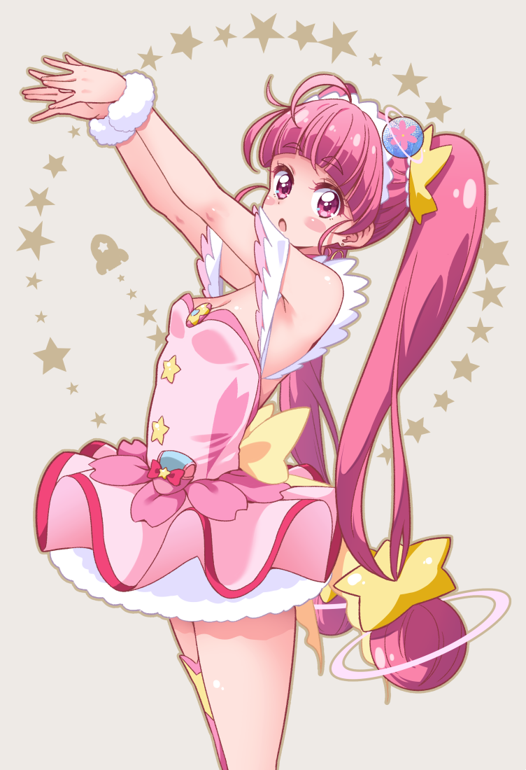1girl :o \||/ ahoge armpits arms_up asymmetrical_legwear bangs bare_shoulders blunt_bangs blush_stickers breasts choker cleavage cleavage_cutout cowboy_shot cure_star dress earrings eyebrows_visible_through_hair from_side hair_ornament hoop_earrings hoshina_hikaru jewelry long_hair looking_at_viewer looking_to_the_side magical_girl no_bra open_mouth pink_eyes pink_hair planet_hair_ornament pouch precure rocket_ship shiny shiny_skin single_thighhigh small_breasts solo space_craft star star_hair_ornament star_twinkle_precure thigh-highs tokunou_shoutarou tutu twintails very_long_hair wrist_cuffs
