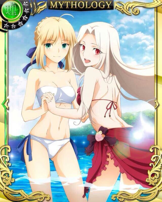 2girls :d ahoge artoria_pendragon_(all) ass_visible_through_thighs bikini blonde_hair blue_ribbon blue_sky bow braided_bun breasts brown_bow card_(medium) clouds day eyebrows_visible_through_hair fate/zero fate_(series) floating_hair frilled_bikini_top green_eyes hair_intakes hair_ribbon hand_holding interlocked_fingers irisviel_von_einzbern jpeg_artifacts long_hair looking_at_viewer medium_breasts multiple_girls navel open_mouth outdoors red_bikini_top red_eyes red_ribbon ribbon saber sarong short_hair sidelocks silver_hair sky smile standing strapless strapless_bikini swimsuit very_long_hair wading white_bikini