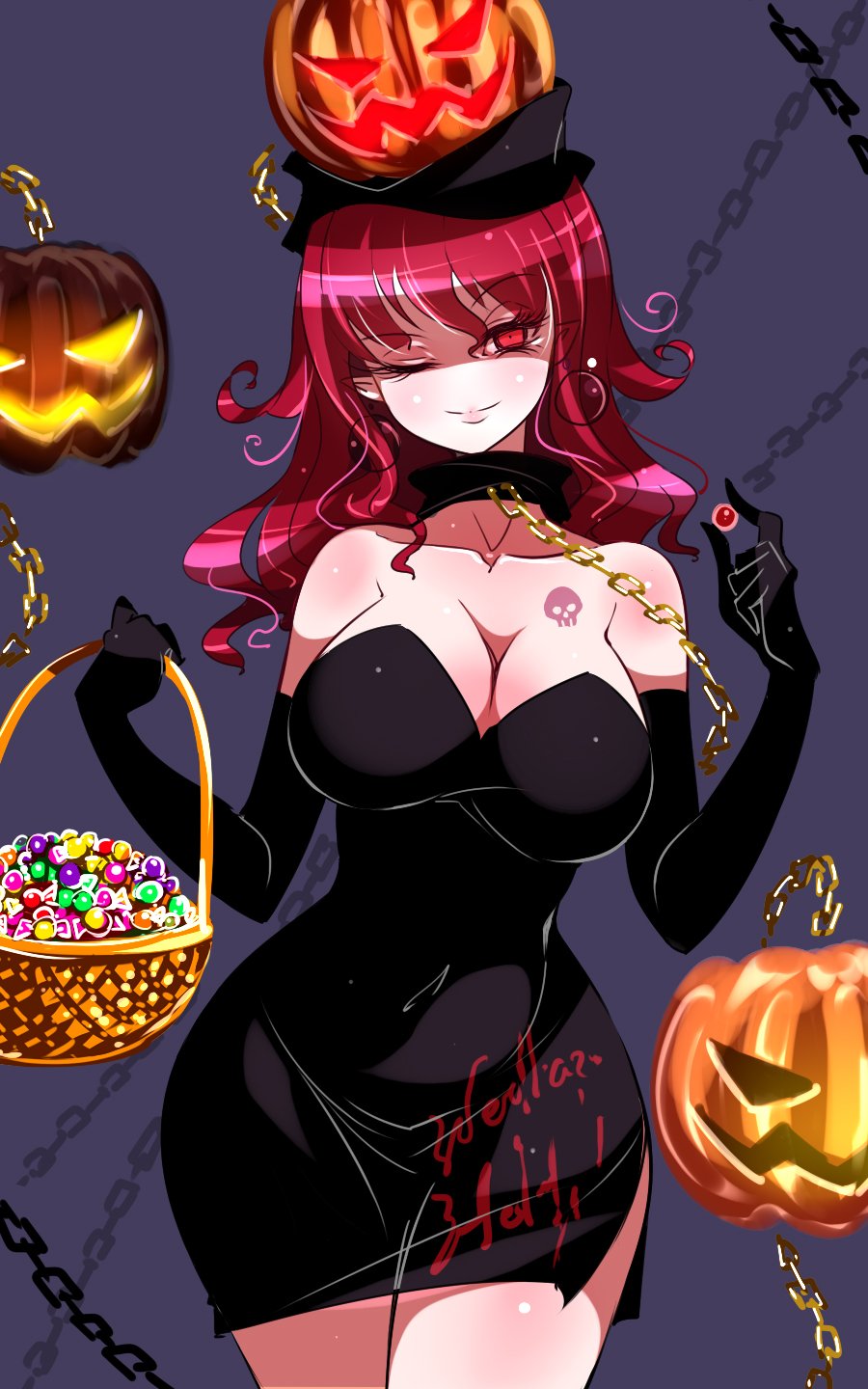 1girl bare_shoulders basket black_dress black_gloves blue_background breasts candy chain chains choker cleavage clothes_writing commentary_request covered_navel cowboy_shot curvy dress earrings eyebrows_visible_through_hair food gloves gold_chain halloween hecatia_lapislazuli highres jack-o'-lantern jewelry no_nose one_eye_closed pumpkin raptor7 red_eyes redhead short_dress side_slit simple_background skull_tattoo smile tattoo taut_clothes thighs touhou wavy_hair wide_hips