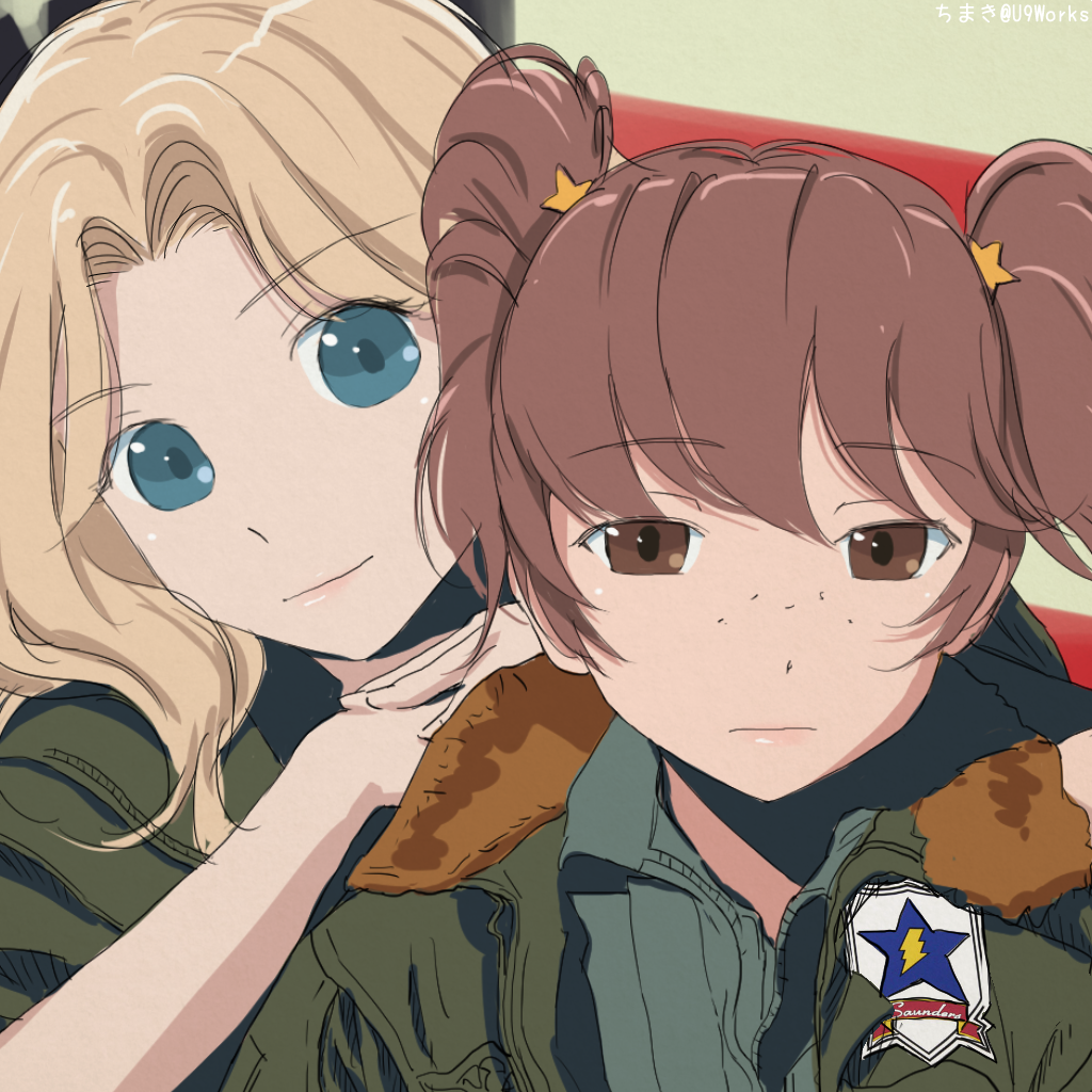 2girls akagi_(fmttps) alisa_(girls_und_panzer) bangs blonde_hair blue_eyes brown_eyes brown_hair closed_mouth commentary_request emblem eyebrows_visible_through_hair freckles frown girls_und_panzer green_jacket green_shirt hair_intakes hair_ornament half-closed_eyes hands_on_another's_shoulders jacket kay_(girls_und_panzer) lips long_hair looking_at_viewer multiple_girls portrait saunders_(emblem) shirt short_hair short_twintails smile star star_hair_ornament twintails twitter_username