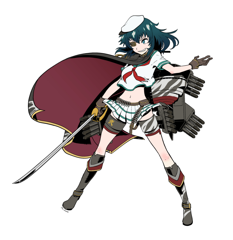 1girl ammunition_belt boots brown_gloves cape crop_top cutlass eyepatch gloves green_eyes green_hair grin hat kantai_collection kiso_(kantai_collection) midriff miniskirt neckerchief pleated_skirt sailor_hat school_uniform serafuku short_hair short_sleeves skirt smile solo standing thigh_strap wind wind_lift yasurou