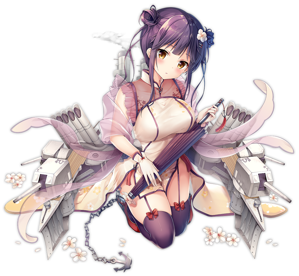 1girl al_bhed_eyes anchor azur_lane bangs bare_shoulders beige_dress belt black_legwear blush bodysuit boots breasts cannon center_opening chains china_dress chinese_clothes chinese_new_year closed_mouth double_bun dress embarrassed flower gloves hair_flower hair_ornament hairclip head_tilt holding holding_umbrella kneeling large_breasts long_sleeves mullany_(azur_lane) official_art open_mouth oriental_umbrella parted_lips pelvic_curtain purple_footwear purple_hair purple_legwear red_footwear red_neckwear ribbon-trimmed_legwear ribbon_trim rigging rudder_footwear shoes sidelocks smile solo sousouman thigh-highs torpedo_launcher transparent_background umbrella white_gloves
