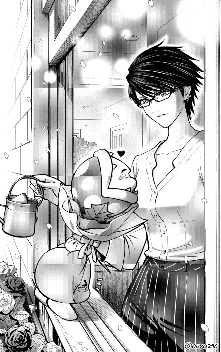 &gt;_&lt; 1girl alternate_costume bayonetta bayonetta_(character) blush_stickers bouquet cherry_blossoms closed_eyes collarbone commentary flower flying_sweatdrops glasses greyscale heart kirby kirby_(series) mole mole_under_mouth monochrome nintendo open_mouth ouya_(maboroshimori) piranha_plant short_hair slacks smile waddle_dee watering_can window windowsill