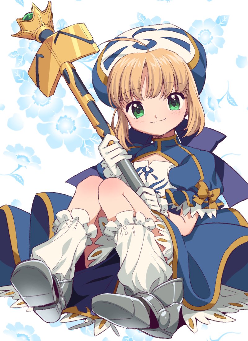 1girl adapted_costume ahoge artoria_pendragon_(all) blonde_hair bow card_captor_sakura closed_mouth fate/stay_night fate_(series) floral_background gloves green_eyes hat magical_girl noko_morokoshi parody patterned_background puffy_short_sleeves puffy_sleeves saber short_sleeves sidelocks sitting solo wand white_background white_gloves white_legwear yellow_bow