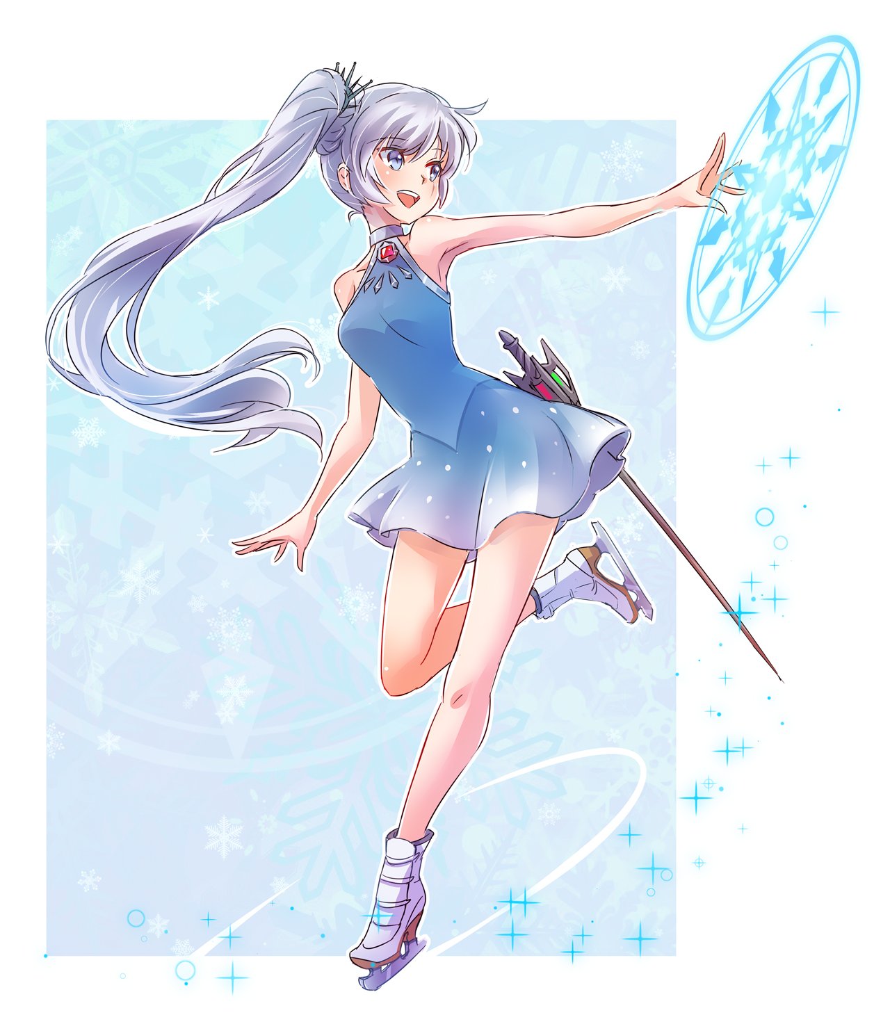 1girl adapted_costume bare_shoulders blue_eyes earrings high_collar highres ice_skates iesupa jewelry long_hair magic_circle myrtenaster necklace pendant ponytail rapier rwby scar scar_across_eye side_ponytail skates solo sword tiara weapon weiss_schnee white_hair