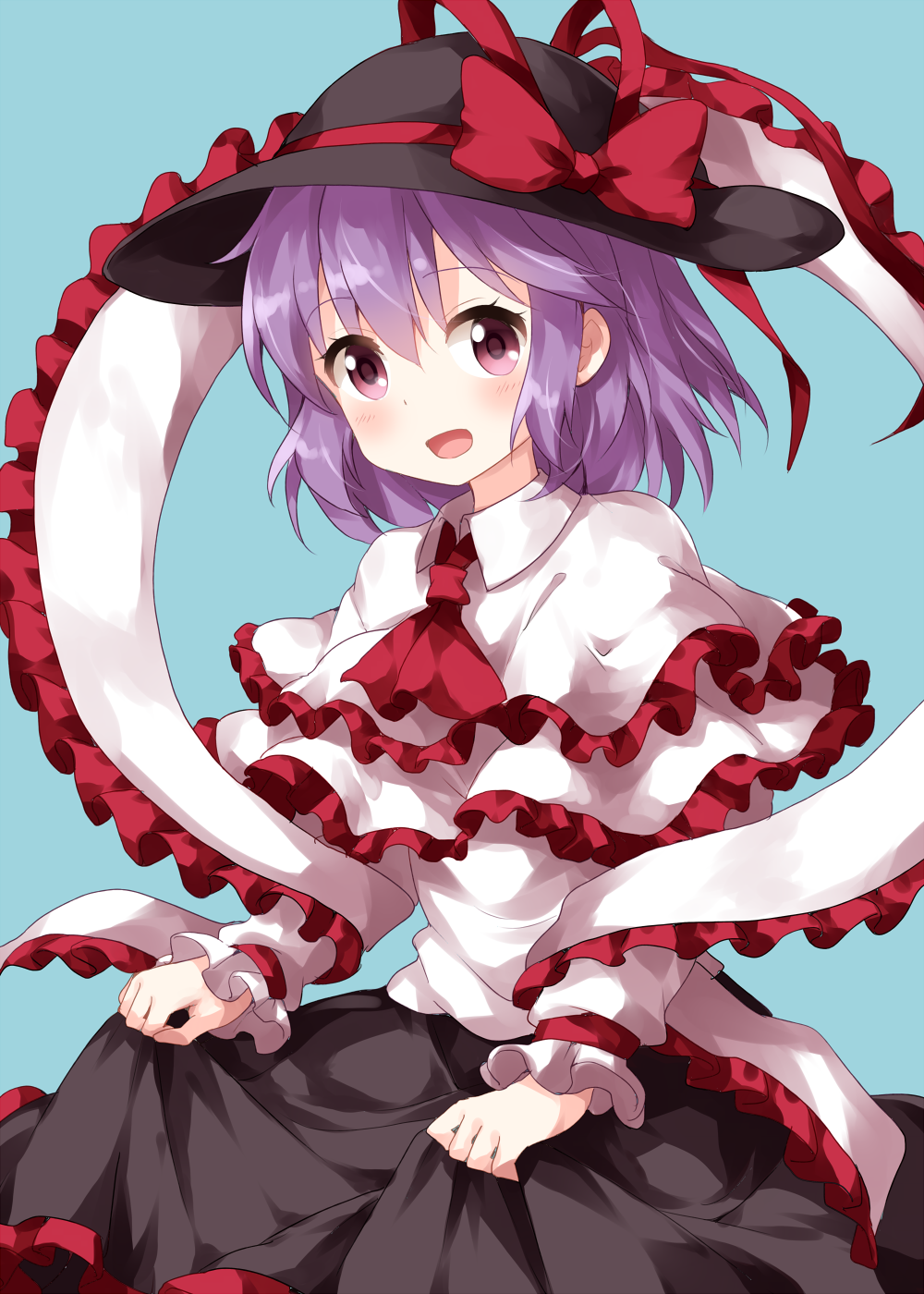 1girl :d ascot black_hat black_skirt blue_background bow capelet eyebrows_visible_through_hair frilled_capelet frills hair_between_eyes hat hat_bow hat_ribbon highres long_sleeves looking_at_viewer medium_hair nagae_iku open_mouth purple_hair red_bow red_eyes red_neckwear red_ribbon ribbon ruu_(tksymkw) shawl shirt simple_background skirt skirt_hold smile solo touhou white_capelet white_shirt