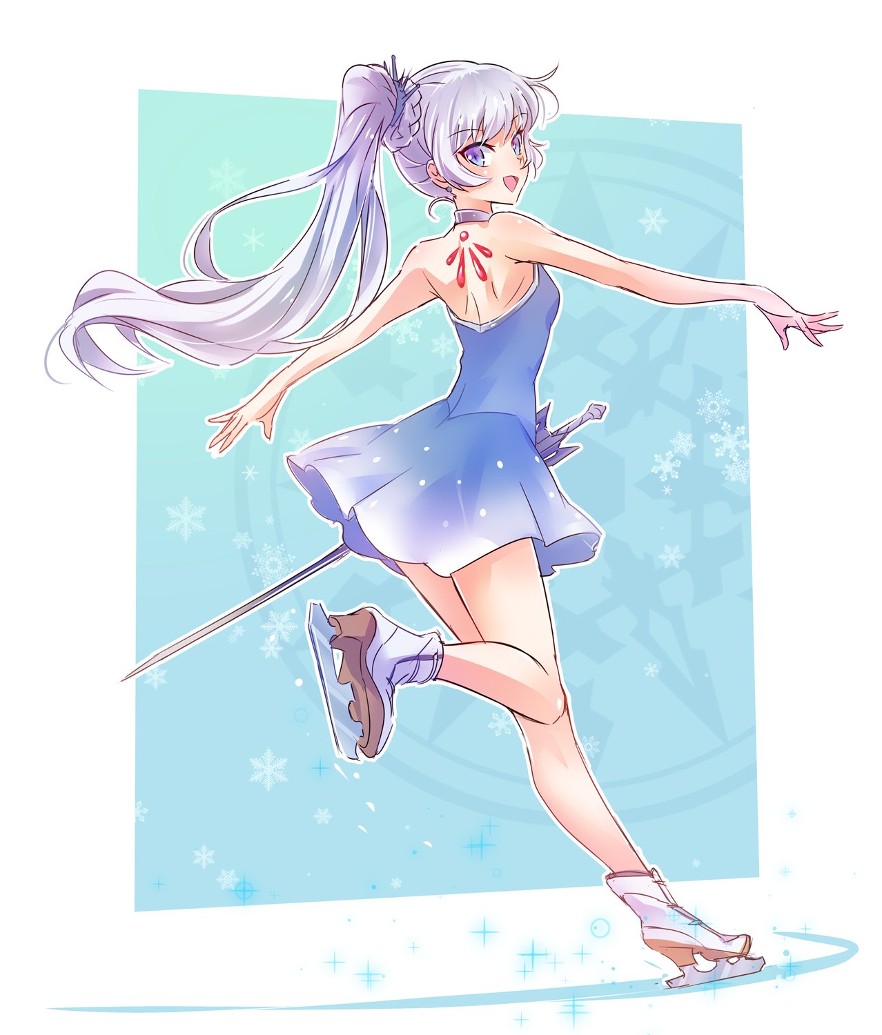 1girl adapted_costume bare_shoulders blue_eyes earrings halter_dress high_collar highres ice_skates iesupa jewelry long_hair magic_circle myrtenaster necklace pendant ponytail rapier rwby scar scar_across_eye shoulder_blades side_ponytail skates solo sword tiara weapon weiss_schnee white_hair