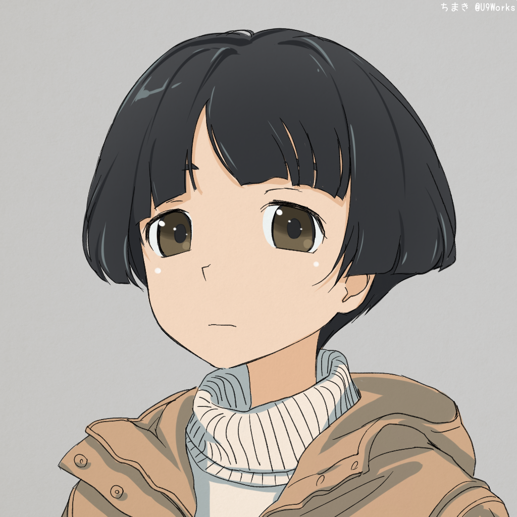 1girl akagi_(fmttps) artist_name bangs black_eyes black_hair blunt_bangs bob_cut brown_coat casual closed_mouth coat commentary girls_und_panzer grey_background hooded_coat konparu_nozomi light_frown looking_at_viewer portrait short_hair simple_background solo sweater turtleneck twitter_username white_sweater