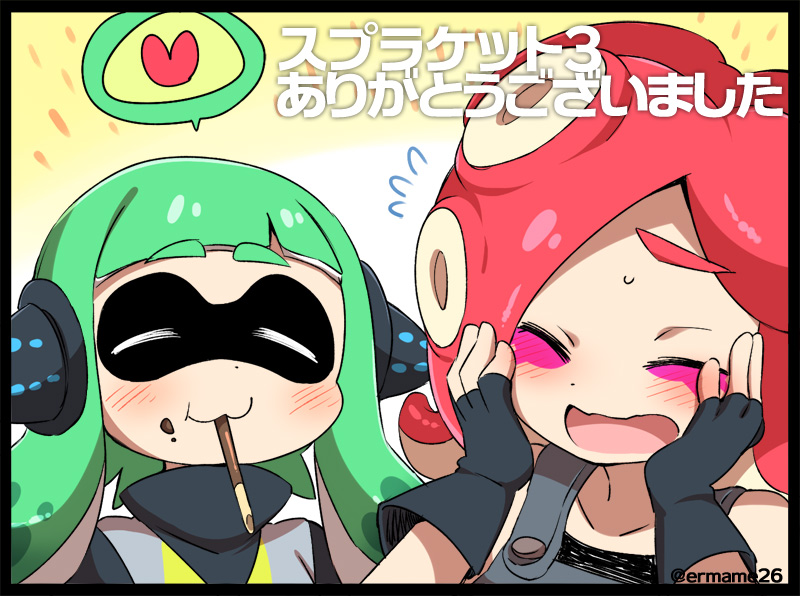 2girls :3 ^_^ black_border blush border closed_eyes duplicate eromame fingerless_gloves food gloves green_hair inkling multiple_girls pocky redhead splatoon_(series) squidbeak_splatoon takozonesu tentacle_hair