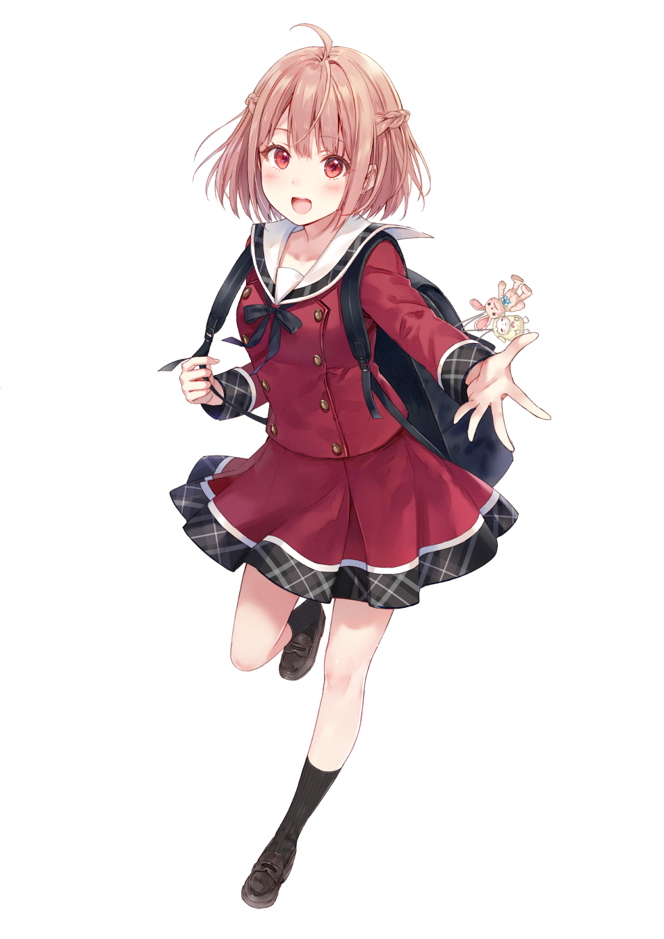 1girl :d ahoge backpack bag bangs black_legwear black_neckwear blush braid breasts brown_footwear brown_hair buttons collared_shirt commentary_request double-breasted french_braid fukahire_(ruinon) full_body highres keychain leg_up loafers long_sleeves looking_at_viewer miniskirt neck_ribbon open_mouth original randoseru red_eyes red_shirt red_skirt ribbon sailor_collar shirt shoes short_hair sidelocks simple_background skirt small_breasts smile socks solo standing standing_on_one_leg virtual_youtuber white_background white_sailor_collar wing_collar