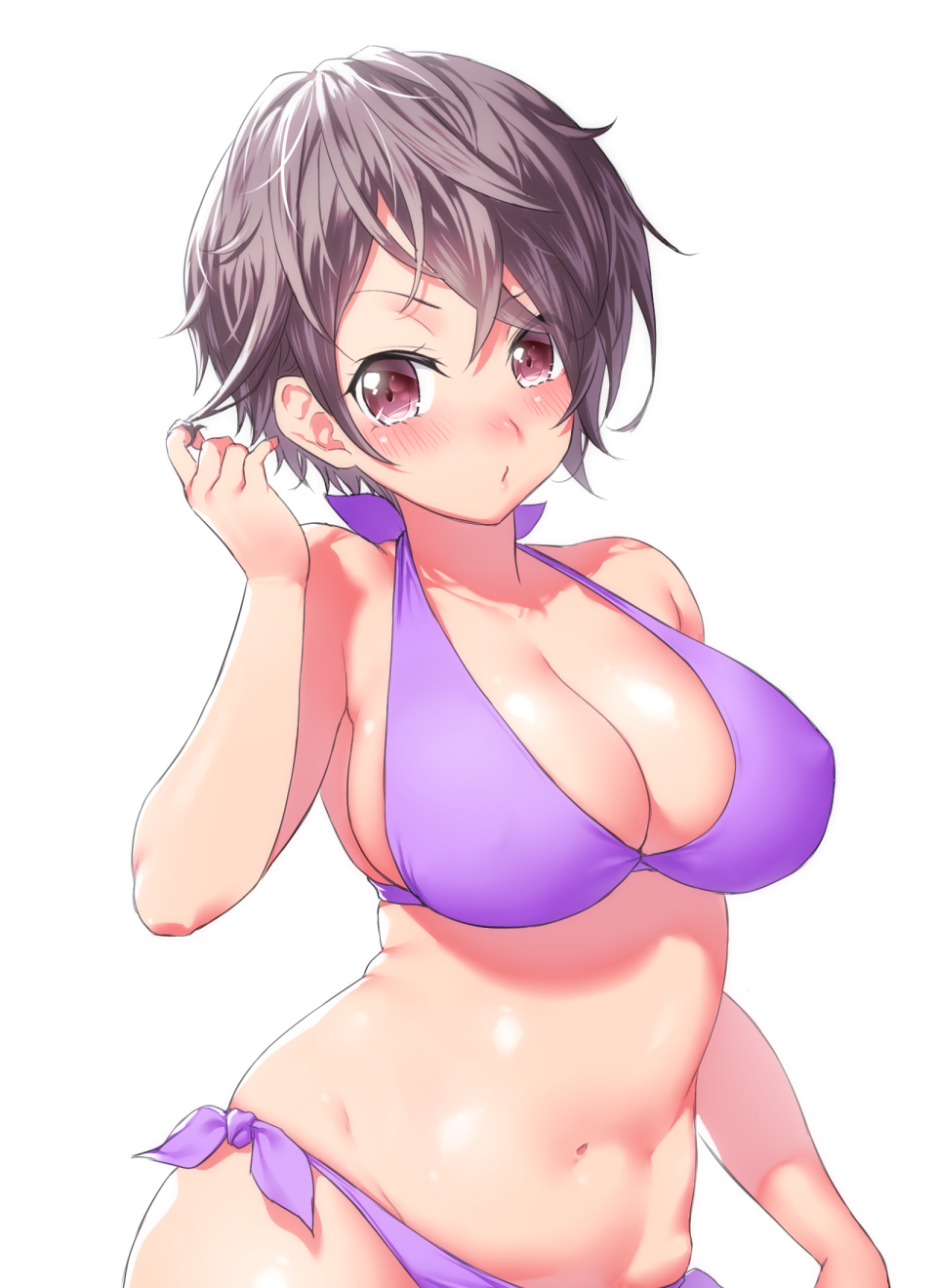 1girl bikini blush breasts cleavage closed_mouth commentary_request eyebrows_visible_through_hair eyes_visible_through_hair grey_hair hair_between_eyes halter_top halterneck hand_in_hair hand_up highres large_breasts looking_at_viewer messy_hair navel onsoku_maru original plump purple_bikini shiny shiny_skin short_hair side-tie_bikini side-tie_bottom simple_background solo swimsuit violet_eyes white_background