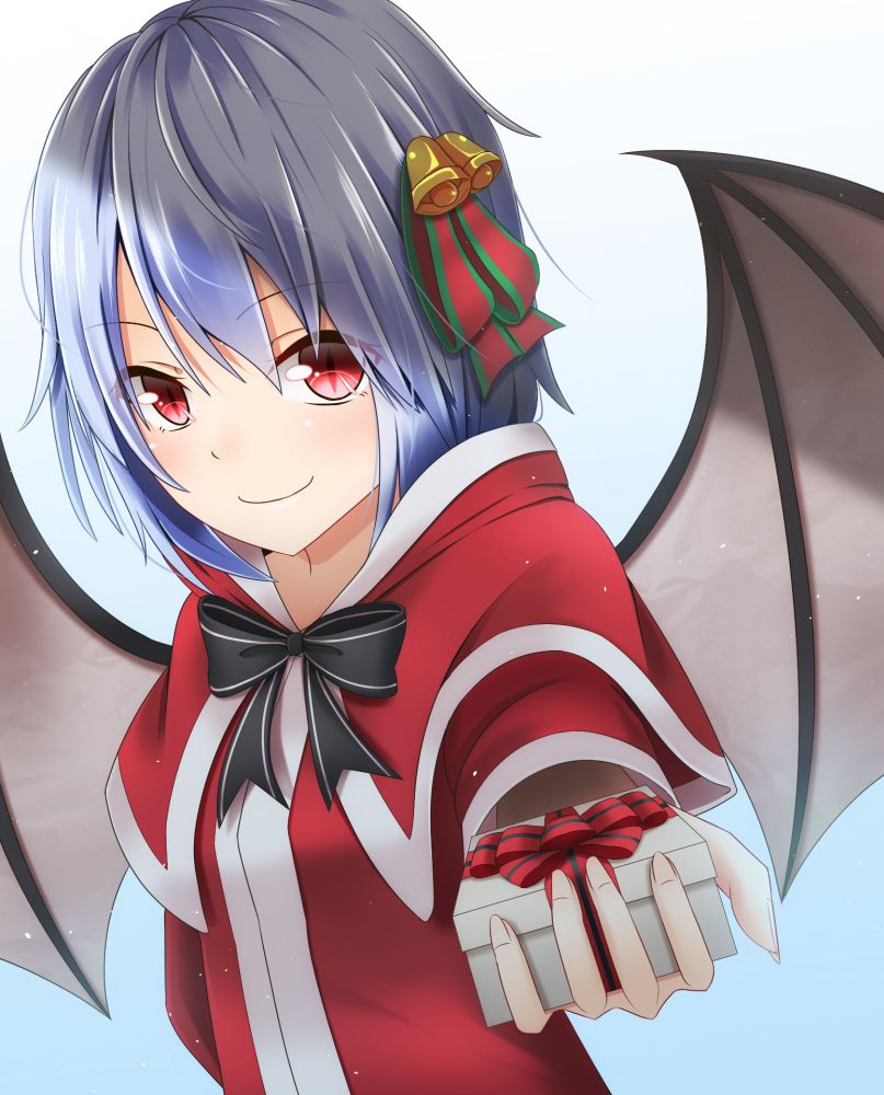 1girl bag bell black_neckwear blue_background blue_hat capelet eyebrows_visible_through_hair gift_bag gradient gradient_background hair_bell hair_between_eyes hair_ornament hat holding holding_bag looking_at_viewer red_capelet red_eyes remilia_scarlet santarou short_hair slit_pupils solo touhou upper_body wings