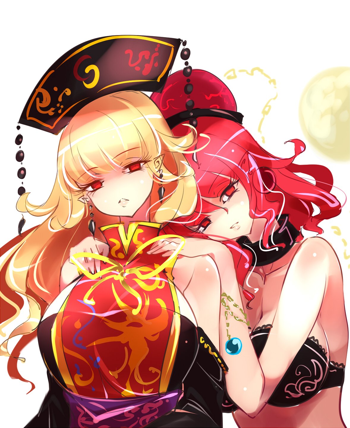 2girls bare_shoulders blonde_hair bra breasts chain chains cleavage commentary_request detached_sleeves dress earrings eyebrows_visible_through_hair gold_chain hands_on_another's_shoulders headdress hecatia_lapislazuli highres jewelry junko_(touhou) large_breasts leaning_on_person long_hair looking_at_viewer medium_hair multiple_girls no_nose parted_lips pointy_ears raptor7 red_eyes redhead sash tabard touhou underwear upper_body yuri