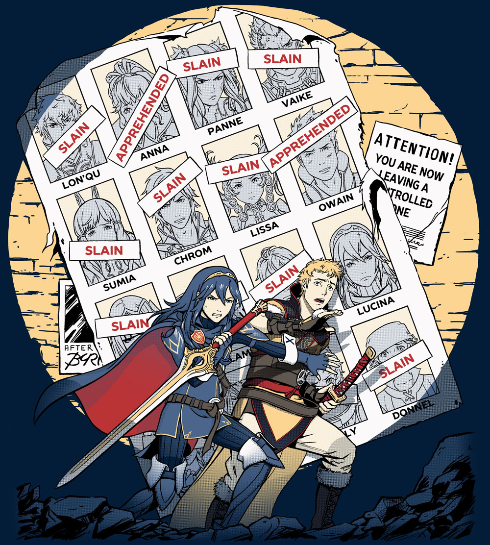 1boy 1girl anna_(fire_emblem) bangs blonde_hair blue_hair cameo cape caught donny_(fire_emblem) english_text eudes_(fire_emblem) falchion_(fire_emblem) fire_emblem fire_emblem:_kakusei holding holding_sword holding_weapon krom liz_(fire_emblem) lucina mcguinnessjohn nintendo parody poster_(object) ronku short_hair sumia sweatdrop sword tharja velvet_(fire_emblem) wall wanted weapon wyck x-men x-men:_days_of_future_past