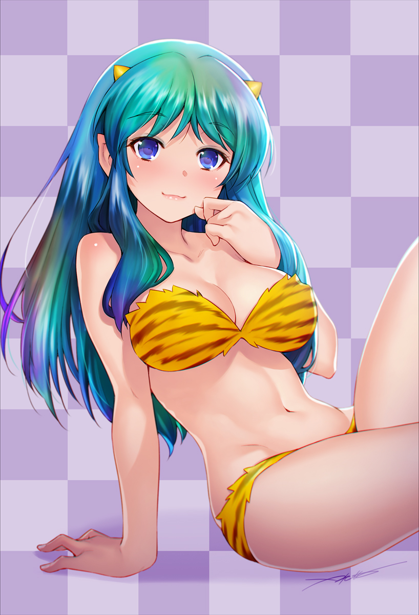 1girl :3 animal_print aqua_hair arm_support bangs bikini blue_eyes blue_hair blush breasts checkered checkered_background cleavage closed_mouth collarbone eyebrows_visible_through_hair gradient_hair highres horns kazuma_muramasa leaning_back leg_up looking_at_viewer lum medium_breasts multicolored_hair navel print_bikini purple_background purple_hair sitting smile solo stomach strapless strapless_bikini swimsuit tiger_print urusei_yatsura