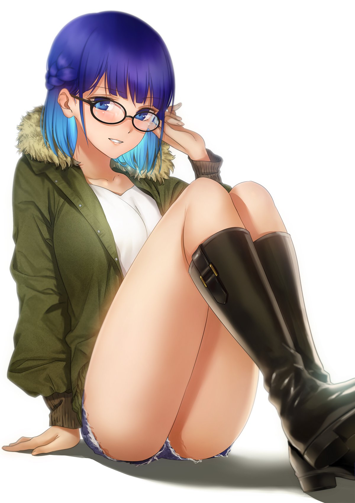 1girl arm_support asaba0327 ass bangs black-framed_eyewear black_footwear blue_eyes blue_hair blush boots braid breasts buttons collarbone cutoffs denim denim_shorts french_braid fur_collar glasses green_jacket grin hand_up highres jacket knee_boots knees_up large_breasts long_sleeves looking_at_viewer multicolored_hair no_socks open_clothes open_jacket original round_eyewear shadow shirt short_hair short_shorts shorts sidelocks simple_background sitting smile solo thighs two-tone_hair white_background white_shirt