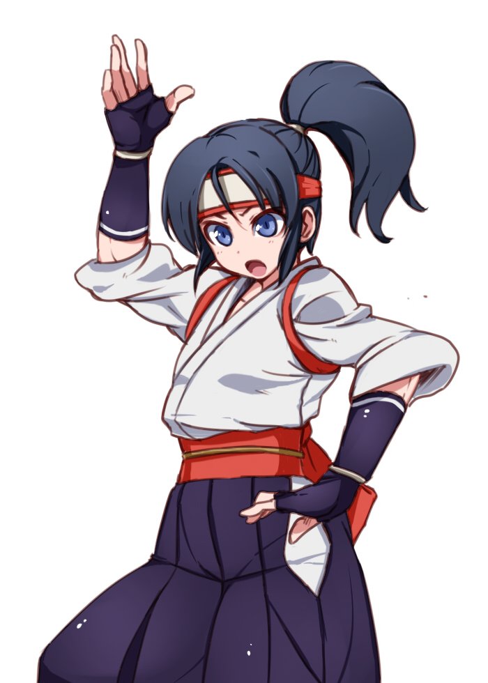 0721kin29n 1girl arm_up bangs blue_eyes blue_hair commentary_request dougi fighting_stance fingerless_gloves gloves hakama headband high_ponytail japanese_clothes long_hair looking_at_viewer open_mouth parted_bangs ryuuko_no_ken solo standing the_king_of_fighters toudou_kasumi