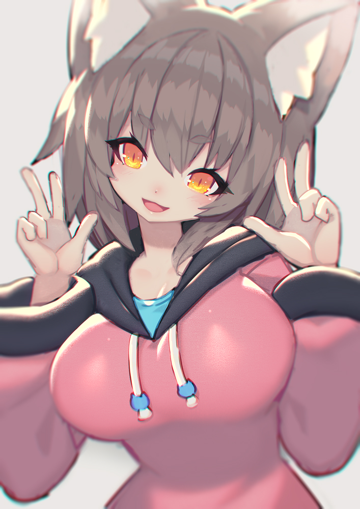 1girl :d animal_ear_fluff animal_ears bangs blush breasts brown_background brown_hair double_w drawstring eyebrows_visible_through_hair hair_between_eyes hand_up head_tilt hood hood_down hoodie large_breasts long_hair long_sleeves looking_at_viewer mamuru open_mouth orange_eyes original pink_hoodie simple_background smile solo thick_eyebrows w