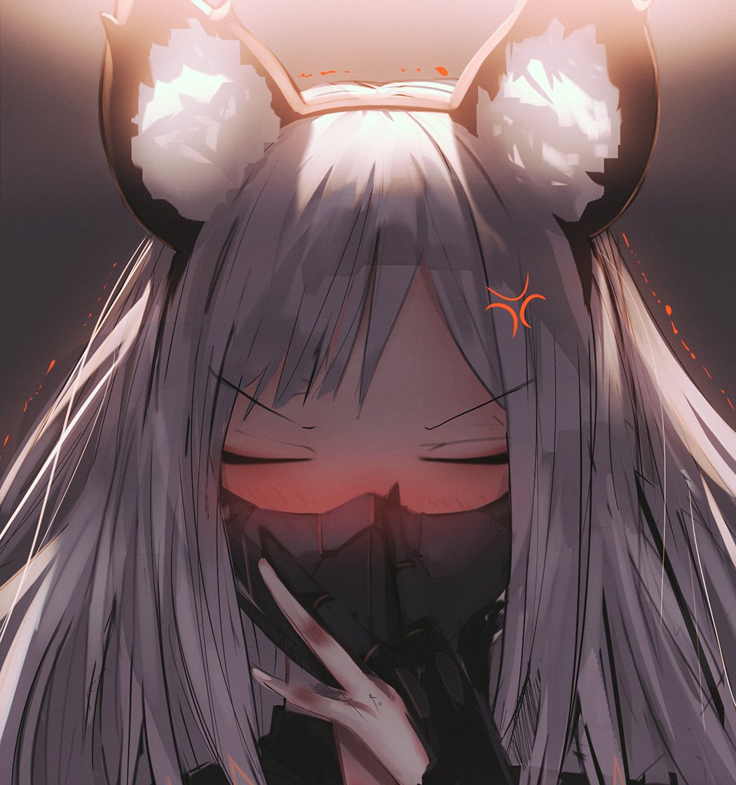 1girl ak-12_(girls_frontline) anger_vein animal_ears bangs black_gloves blush braid ehrrr eyebrows_visible_through_hair facing_viewer fake_animal_ears girls_frontline gloves hand_up long_hair long_sleeves partly_fingerless_gloves portrait ribbon sidelocks silver_hair solo torn_clothes torn_gloves trembling very_long_hair