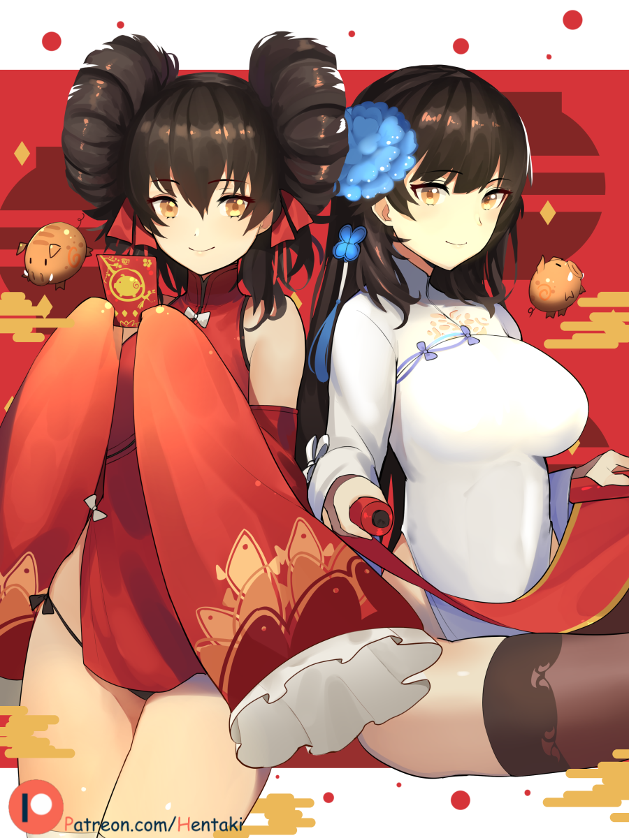 2girls animal bare_shoulders black_panties blue_flower boar breasts brown_eyes brown_hair brown_legwear china_dress chinese_clothes chinese_zodiac closed_mouth commentary detached_sleeves double_bun dress english_commentary flower girls_frontline hair_flower hair_ornament hair_ribbon hentaki highres holding large_breasts long_hair long_sleeves looking_at_viewer multiple_girls new_year panties patreon_username pelvic_curtain qbz-95_(girls_frontline) qbz-97_(girls_frontline) red_dress red_ribbon ribbon scroll short_dress side-by-side side-tie_panties sidelocks sitting sleeves_past_fingers sleeves_past_wrists smile standing thigh-highs thighs turtleneck underwear white_dress wide_sleeves