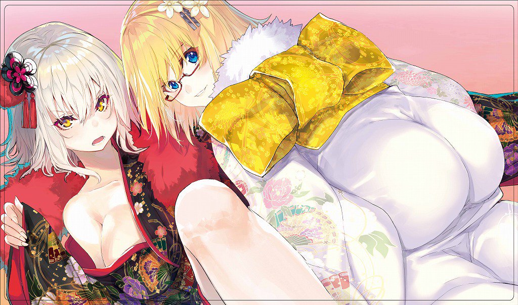 2girls ass blonde_hair blue_eyes blush border breasts cleavage eyebrows_visible_through_hair fate/grand_order fate_(series) floral_print flower fur_trim glasses hair_between_eyes hair_flower hair_ornament japanese_clothes jeanne_d'arc_(alter)_(fate) jeanne_d'arc_(fate) jeanne_d'arc_(fate)_(all) kanzashi kimono large_breasts long_sleeves looking_at_viewer looking_back multiple_girls open_mouth pink_background print_kimono sash short_hair simple_background sleeves_past_wrists smile white_hair yellow_eyes yuunagi_(seventh_heaven)
