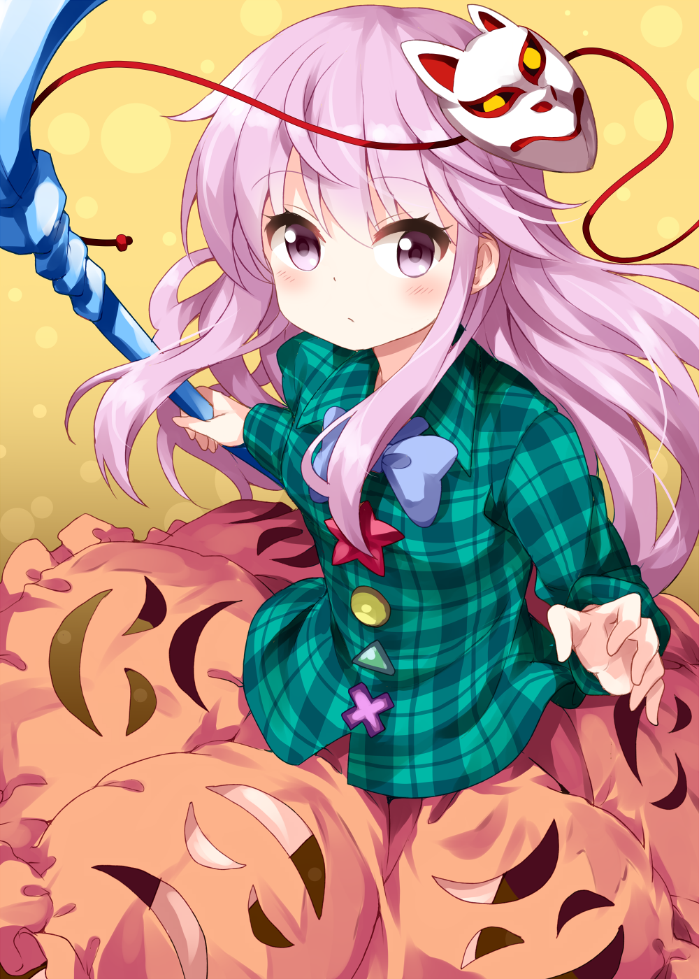 1girl bow bowtie bubble_skirt buttons eyebrows_visible_through_hair fox_mask hata_no_kokoro highres long_hair long_sleeves looking_at_viewer mask mask_on_head naginata pink_eyes pink_hair plaid plaid_shirt polearm purple_neckwear ruu_(tksymkw) serious shirt simple_background skirt solo touhou weapon yellow_background
