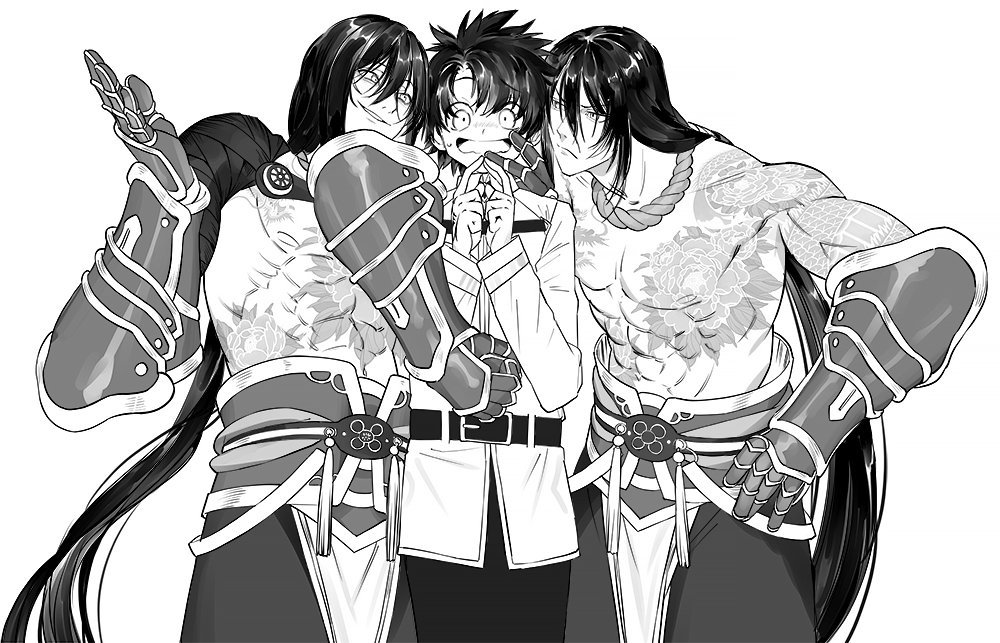 3boys arm_around_shoulder belt blush chaldea_uniform dual_persona fate/grand_order fate_(series) fujimaru_ritsuka_(male) gauntlets greyscale male_focus monochrome multiple_boys nipples shirtless simple_background tansaninryou tattoo wavy_mouth white_background yan_qing_(fate/grand_order)