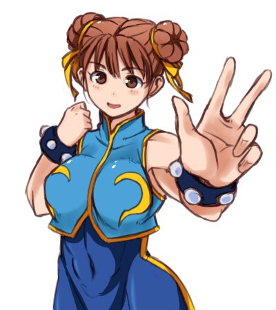 0721kin29n 1girl bare_shoulders blue_vest blush bodysuit bracelet breasts brown_eyes brown_hair capcom chun-li commentary_request covered_navel double_bun gold_trim hair_ribbon hands_up jewelry lowres outstretched_arm ribbon simple_background skin_tight sleeveless solo spiked_bracelet spikes street_fighter street_fighter_zero_(series) striped thighs unitard v vertical_stripes vest white_background yellow_ribbon