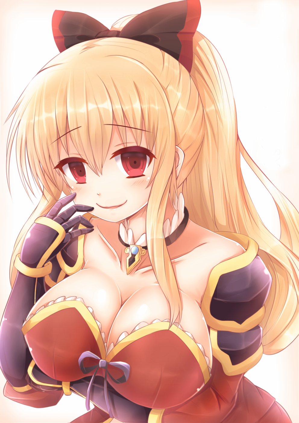 1girl blonde_hair blush bow breast_lift breasts cleavage detached_collar dress empty_eyes gauntlets granblue_fantasy hair_bow highres kane-neko large_breasts long_hair pauldrons ponytail red_dress red_eyes sidelocks smile solo upper_body vira_lilie