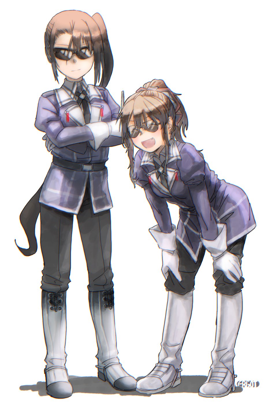 2girls ^_^ ashigara_(kantai_collection) bangs belt breasts brown_hair closed_eyes closed_eyes closed_mouth crossed_arms ergot fang gloves hair_between_eyes hands_on_own_knees headgear highres kantai_collection long_hair long_sleeves multiple_girls nachi_(kantai_collection) neckerchief open_mouth ponytail remodel_(kantai_collection) side_ponytail signature simple_background smile solo standing sunglasses uniform wavy_hair white_background white_gloves