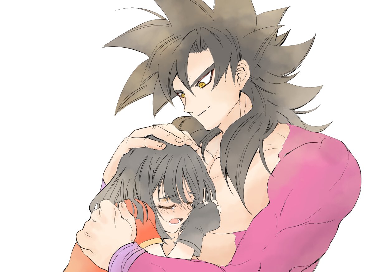 1boy 1girl black_gloves black_hair blush closed_eyes crying dragon_ball dragon_ball_gt eyebrows_visible_through_hair fingerless_gloves fingernails gloves grandfather_and_granddaughter hand_on_another's_head hug libeuo_(liveolivel) light_smile looking_at_another open_mouth pan_(dragon_ball) petting short_hair simple_background smile son_gokuu spiky_hair super_saiyan_4 tears teeth upper_body white_background wristband yellow_eyes