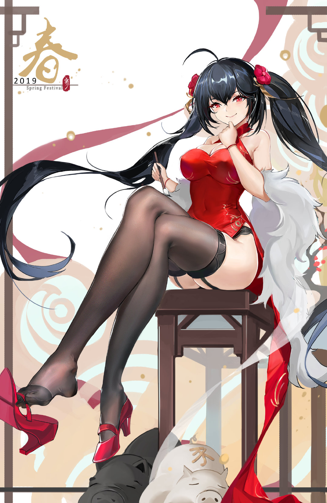 1girl 2019 ahoge alternate_hairstyle azur_lane black_hair black_legwear breasts calligraphy_brush china_dress chinese_clothes chinese_zodiac cleavage cleavage_cutout closed_mouth covered_navel criss-cross_halter dress flower foreshortening garter_straps guernical hair_flower hair_ornament halterneck hand_on_own_chest high_heels highres large_breasts legs_crossed long_hair paintbrush red_dress red_eyes shoe_dangle sitting smile solo taihou_(azur_lane) thigh-highs twintails very_long_hair wristband year_of_the_pig