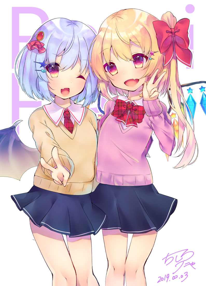 2girls ;d alternate_costume arm_behind_back arm_up bat_wings blonde_hair blue_skirt bow bowtie contemporary contrapposto cowboy_shot crystal dated eyes_visible_through_hair flandre_scarlet hair_between_eyes hair_ornament hair_ribbon head_tilt light_blue_hair long_sleeves looking_at_viewer miniskirt multiple_girls necktie one_eye_closed open_mouth outstretched_hand pink_sweater plaid_neckwear pleated_skirt remilia_scarlet ribbon school_uniform short_hair siblings side-by-side side_ponytail signature sisters skirt smile sweater tan_sweater thigh_gap touhou unya_(coco121955) v white_background wings