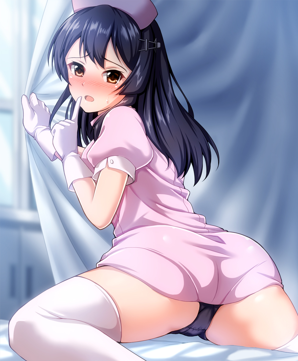 1girl alternate_costume black_hair black_panties blush from_behind gloves hair_ornament hairclip hat indoors kantai_collection long_hair looking_at_viewer nurse nurse_cap oyashio_(kantai_collection) panties puffy_short_sleeves puffy_sleeves short_sleeves solo thigh-highs underwear white_gloves white_legwear zanntetu