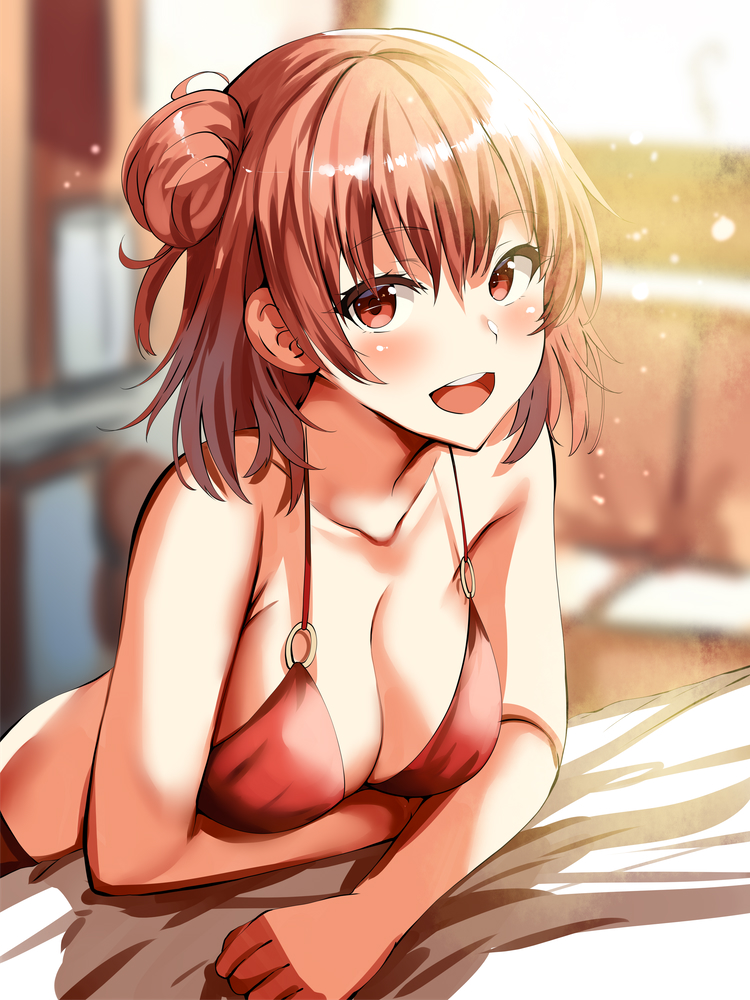 1girl bangs bikini blue_eyes blurry blurry_background blush breasts cleavage collarbone eyebrows_visible_through_hair hair_bun halter_top halterneck large_breasts leaning lolicept looking_at_viewer o-ring open_mouth red_bikini redhead side_bun sidelocks smile solo swimsuit upper_teeth yahari_ore_no_seishun_lovecome_wa_machigatteiru. yuigahama_yui