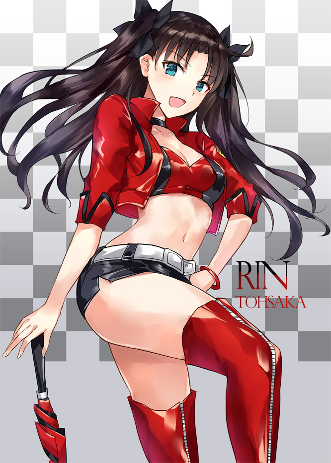 1girl :d asle bangle bangs belt belt_buckle black_bow black_choker black_skirt black_umbrella blue_eyes blush boots bow bracelet breasts brown_hair buckle character_name checkered checkered_background choker cleavage collarbone commentary_request cropped_jacket eyebrows_visible_through_hair fate/stay_night fate_(series) fingernails hair_bow jacket jewelry long_hair looking_at_viewer multicolored_umbrella open_clothes open_jacket open_mouth parted_bangs racequeen red_boots red_footwear red_jacket red_legwear red_thigh_boots red_umbrella short_sleeves skirt small_breasts smile solo thigh-highs thigh_boots thighs tohsaka_rin two_side_up umbrella white_belt zipper zipper_boots