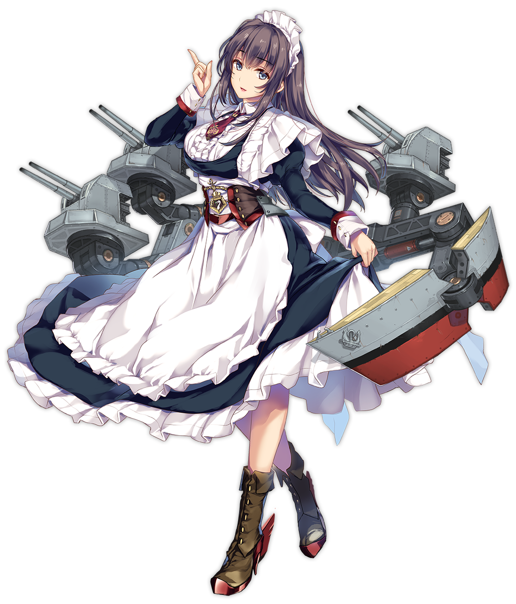 1girl apron azur_lane bangs blue_eyes blush boots breasts brown_footwear cannon crossed_legs curacoa_(azur_lane) dress dress_lift eyebrows_visible_through_hair frills full_body highres index_finger_raised juliet_sleeves large_breasts legs_crossed lifted_by_self long_hair long_sleeves maid maid_headdress moneti_(daifuku) official_art parted_lips puffy_sleeves purple_hair rigging rudder_footwear sidelocks sleeve_cuffs smile solo transparent_background turret watson_cross